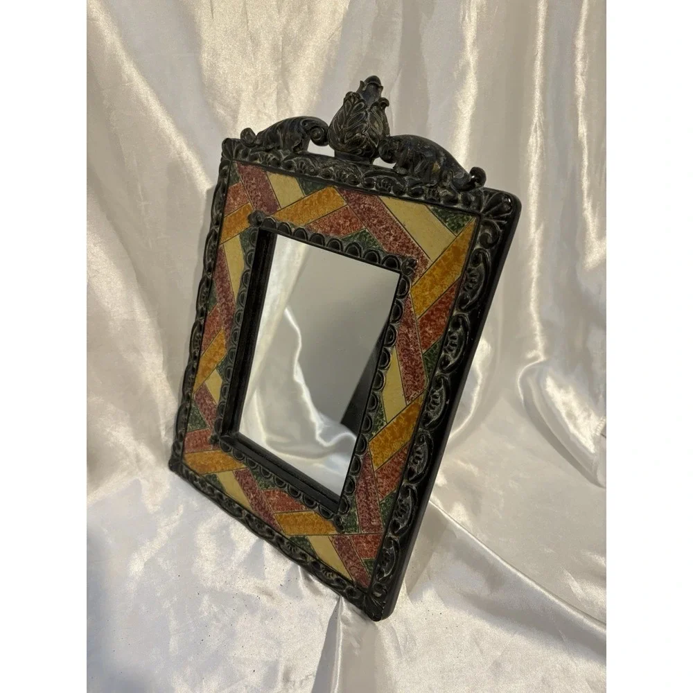 Vintage Stone Easel Back Mirror Black border Talavera vibes